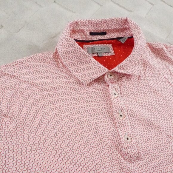 Ted Baker London Polo Shirt Mens Extra Large Geometric Print Red Shite - Picture 1 of 10